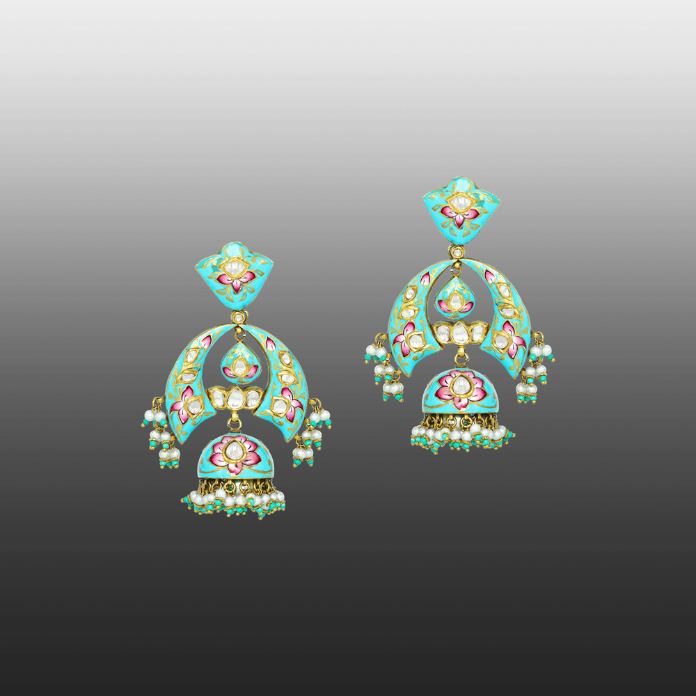 Pastel Enamel Jhumkas with Pearl and Turquoise Danglings